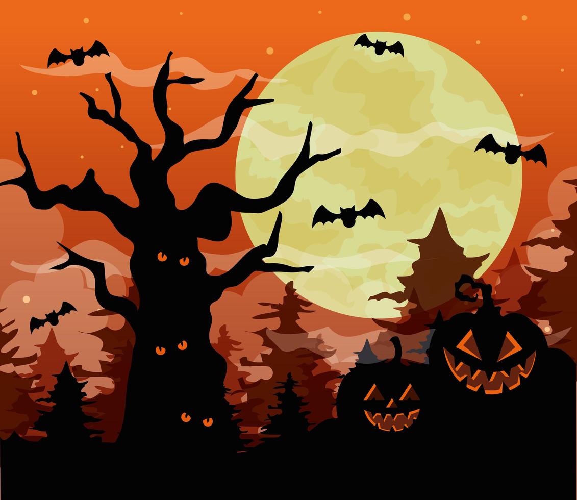 Fondo de feliz halloween con calabazas, árbol seco embrujado, murciélagos volando y luna llena vector