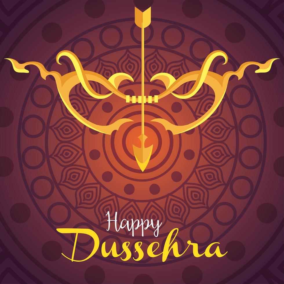 happy dussehra festival, golden arrow and arch with mandala on background vector