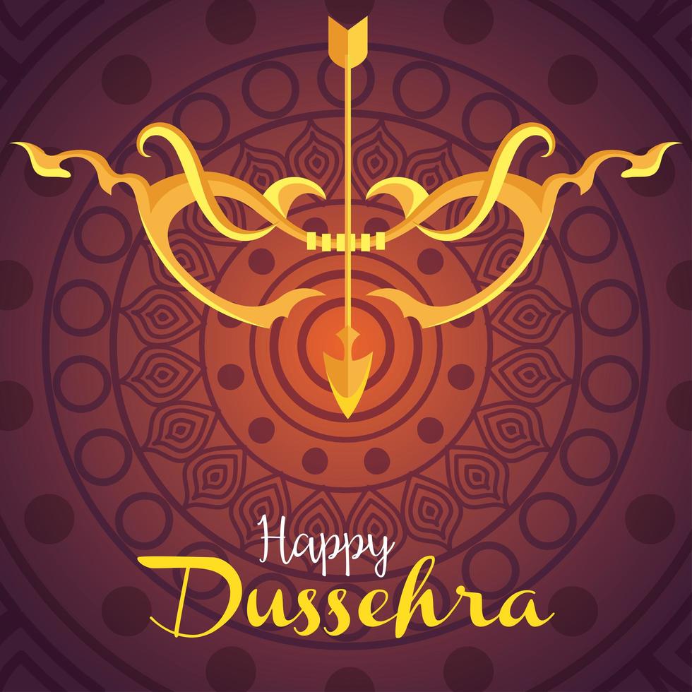 feliz festival dussehra, flecha dorada y arco con mandala en el fondo vector