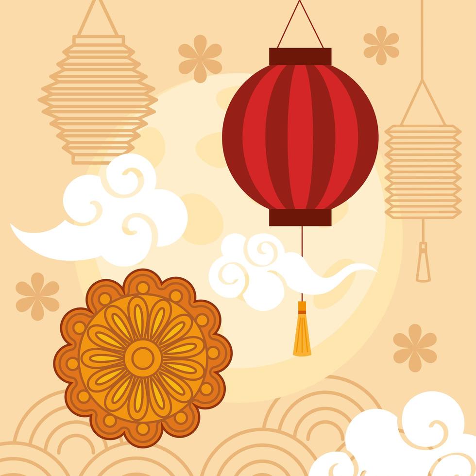 chinese mid autumn festival with lanterns hanging, mooncake, clouds and flowers vector
