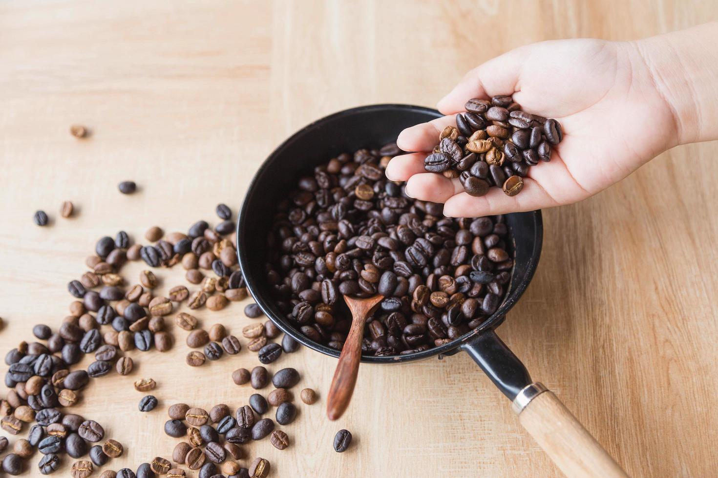 granos de café tostados en la mano foto