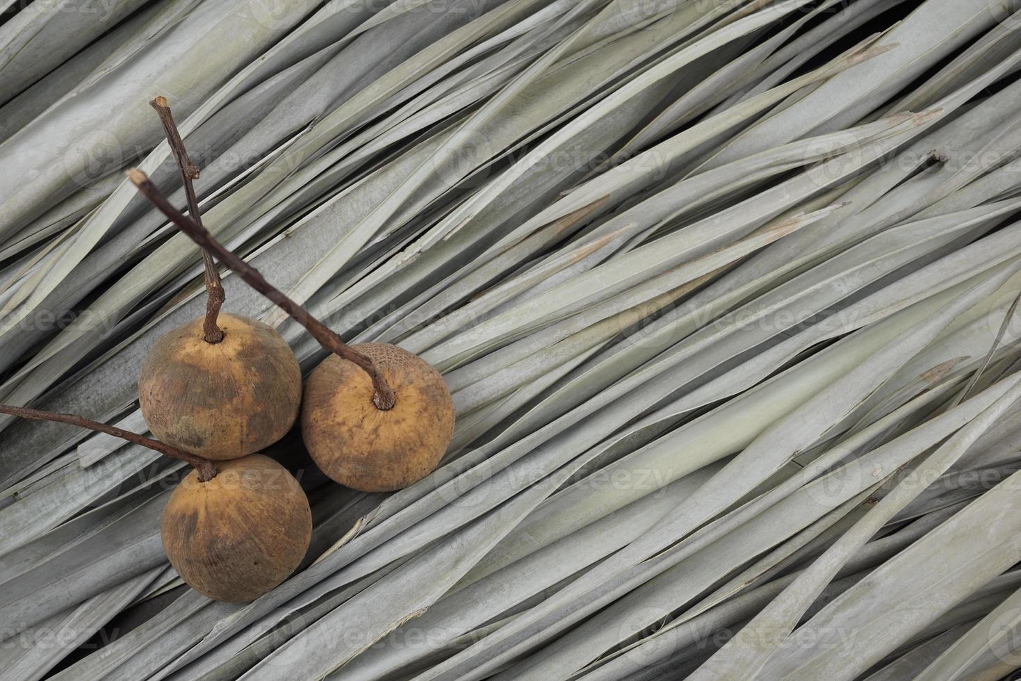 Santol or cotton fruit flat lay on dry palm leaves pattern texture background. Tart with astringent flavor edible fruit. Native plant in Southeast Asia or Malesia region. photo