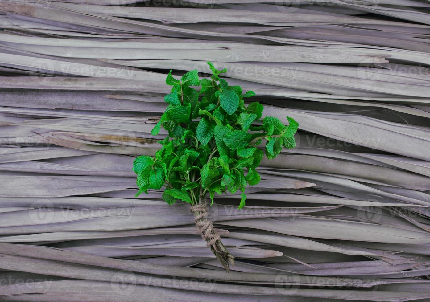 Natural peppermint stalks, bouquet with jute rope binding flat lay on dry palm leaf pattern texture background. Green leafy vegetable with center composition design with space beside, top view style. photo