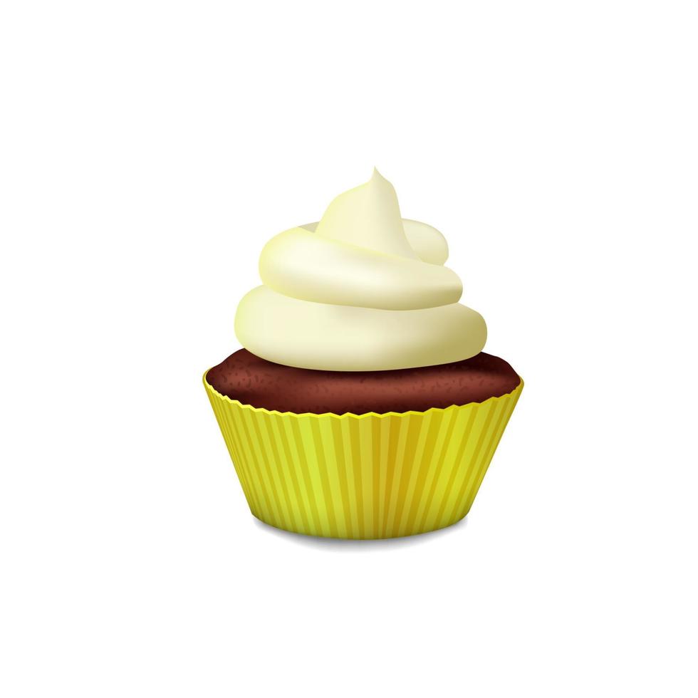 Cupcake en una canasta amarilla con crema blanca en estilo de dibujos animados aislado sobre fondo blanco. vector