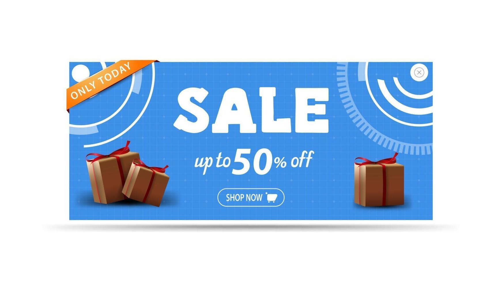 Blue discount banner for website with gifts and button vector