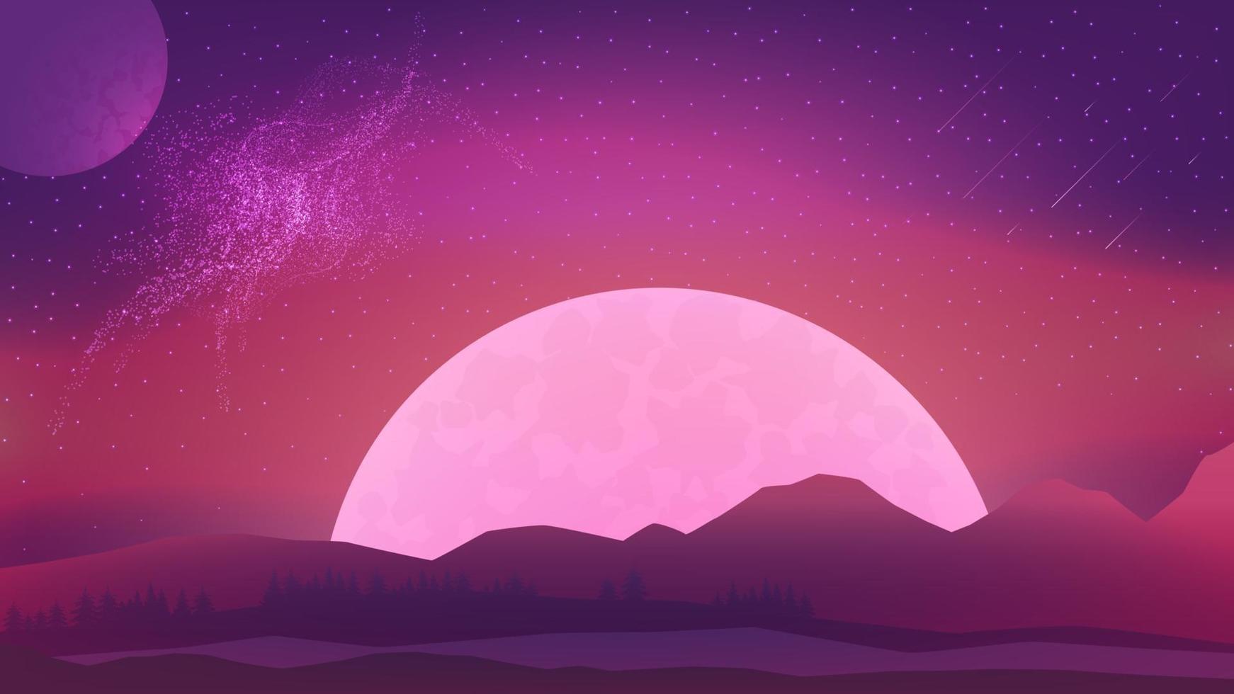 paisaje de marte de noche rosa con cielo estrellado, gran planeta en el horizonte y bosque de coníferas. paisaje cósmico con meteoritos en el cielo y planetas. vector