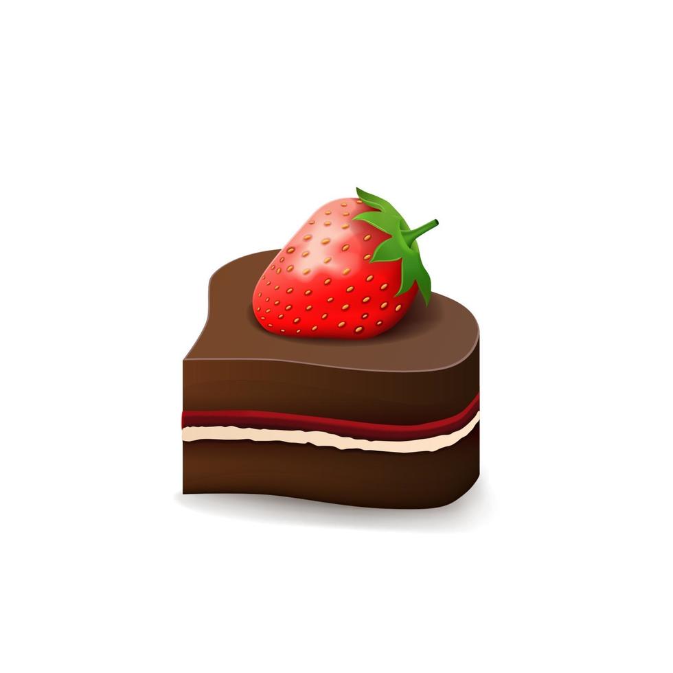 Chocolate candy in heart-shaped with ripe red strawberry in cartoon 3D style isolated on white background vector