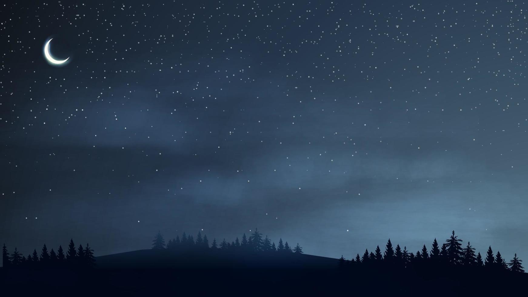 paisaje nocturno con luna creciente, bosque y cielo estrellado. vector