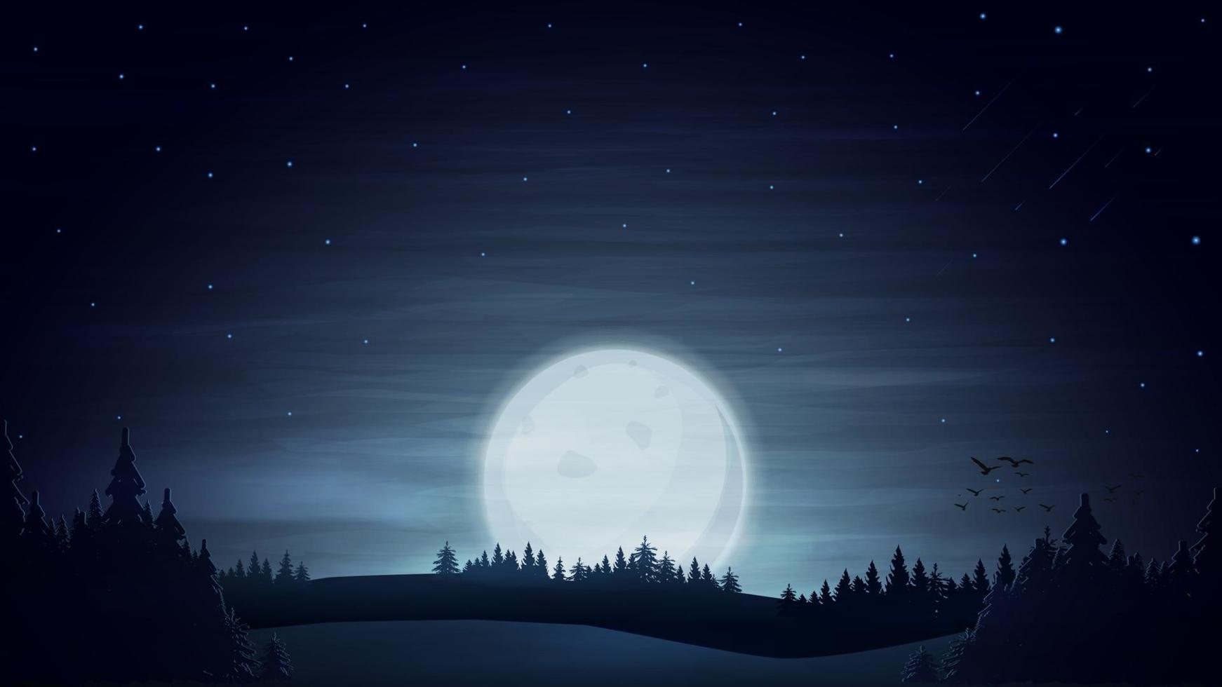 Night blue landscape with large moon on blue starry sky, meteors and forest on horizon. vector