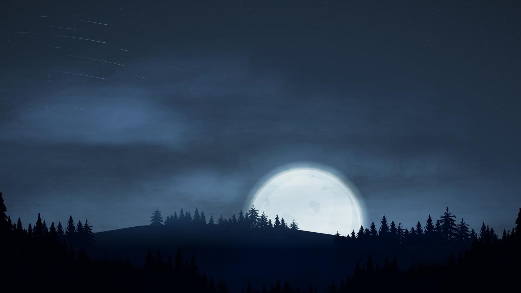Night landscape with a large moon on the horizon, starry sky and pine forest vector