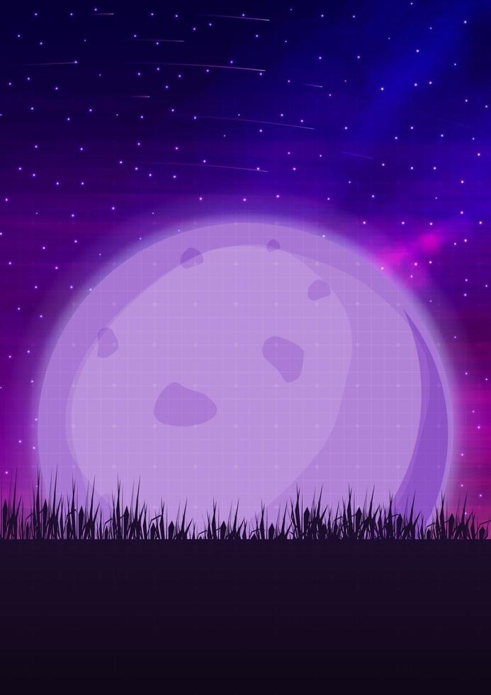 Night purple landscape with a large moon on the horizon, starry sky and falling meteorite vector