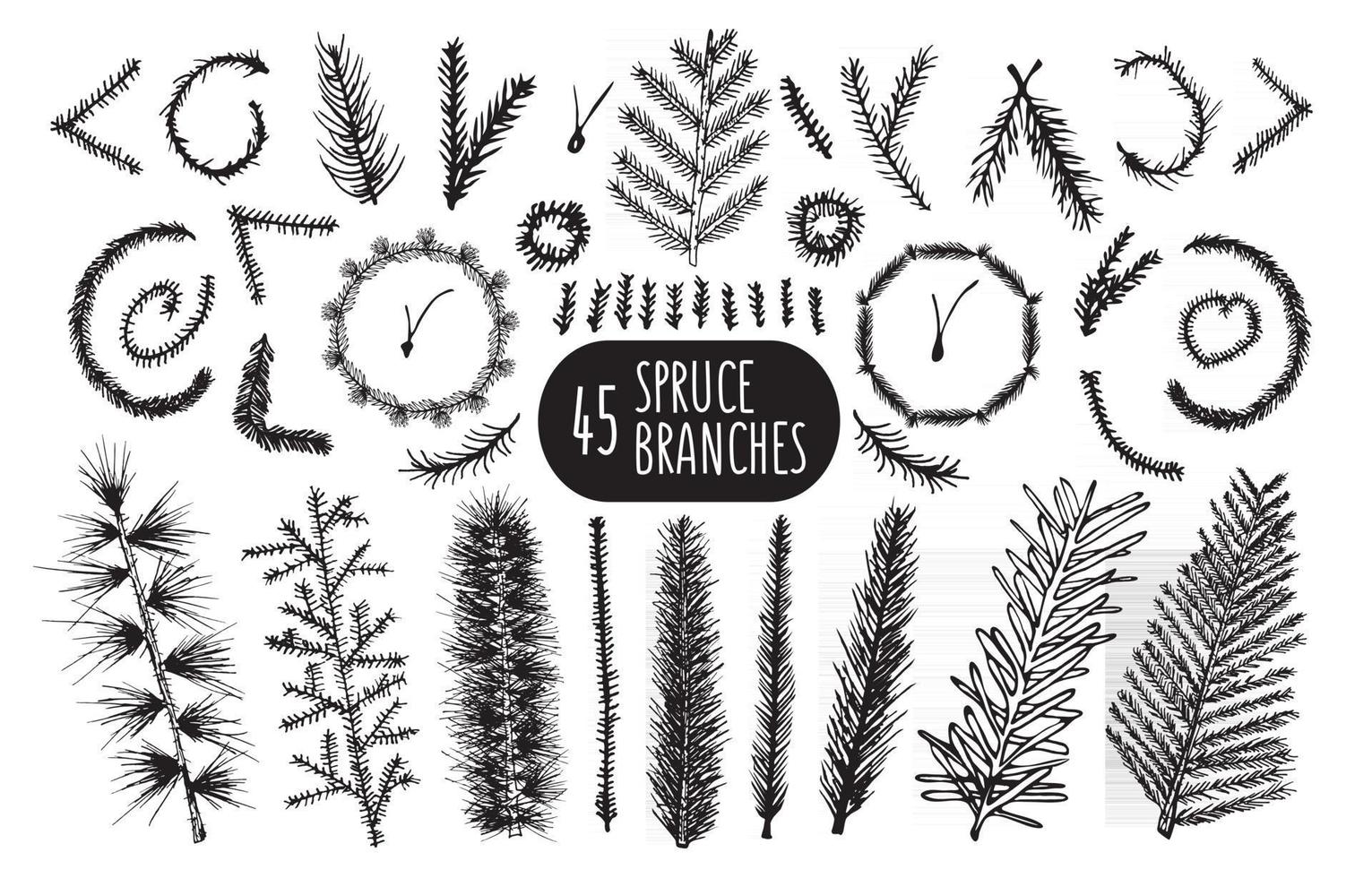 Set of 45 hand drawn spruce branches Christmas Trees and wreaths. vector