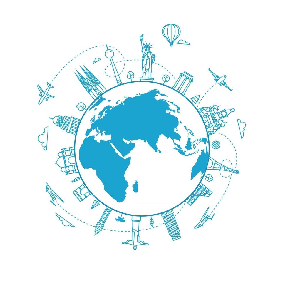 Travel concept with the Earth with world city sights. Linear vector illustration