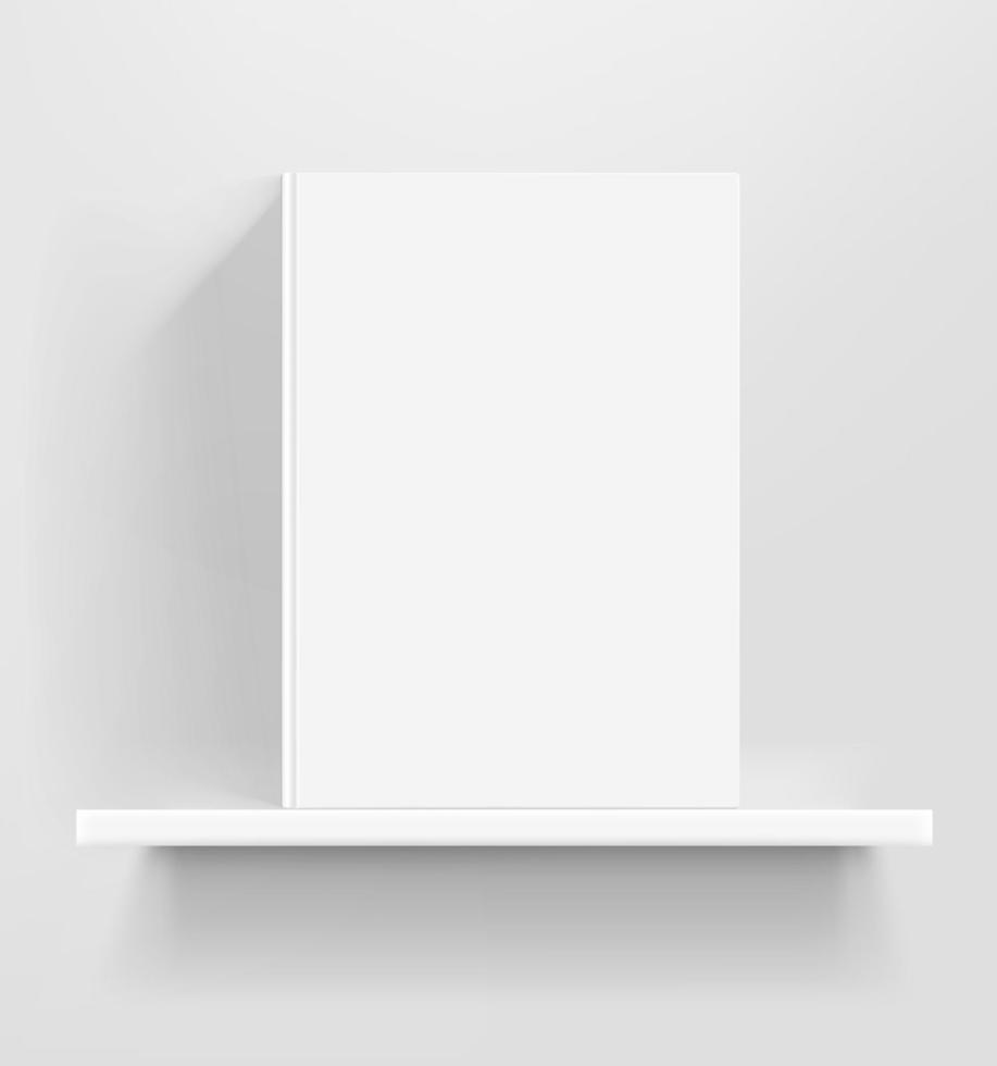 libro blanco en maqueta de vector de estante blanco