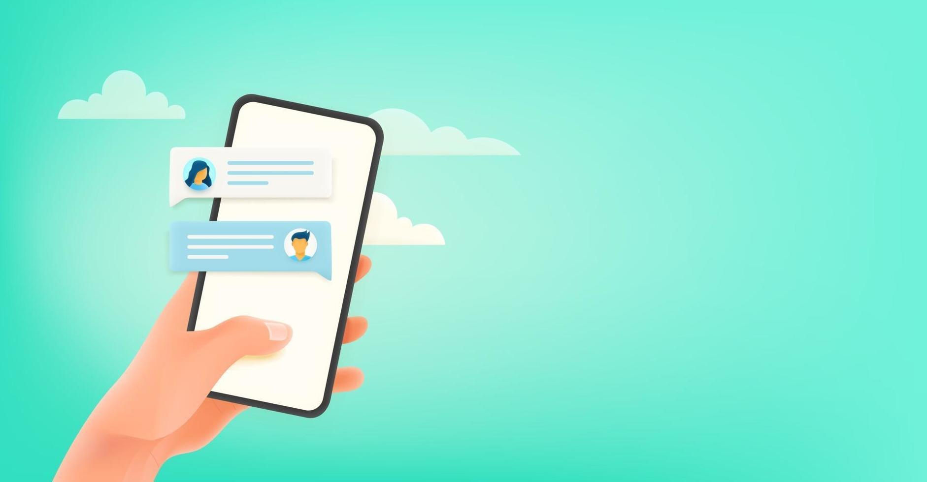 Man using messenger via modern smartphone. Horizontal banner with copy space vector