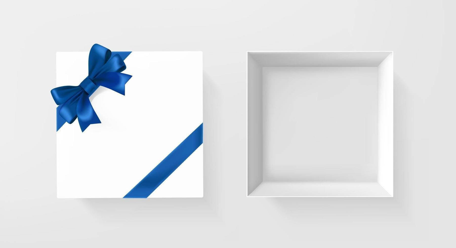 caja de regalo blanca abierta y cerrada con cinta azul y lazo vector