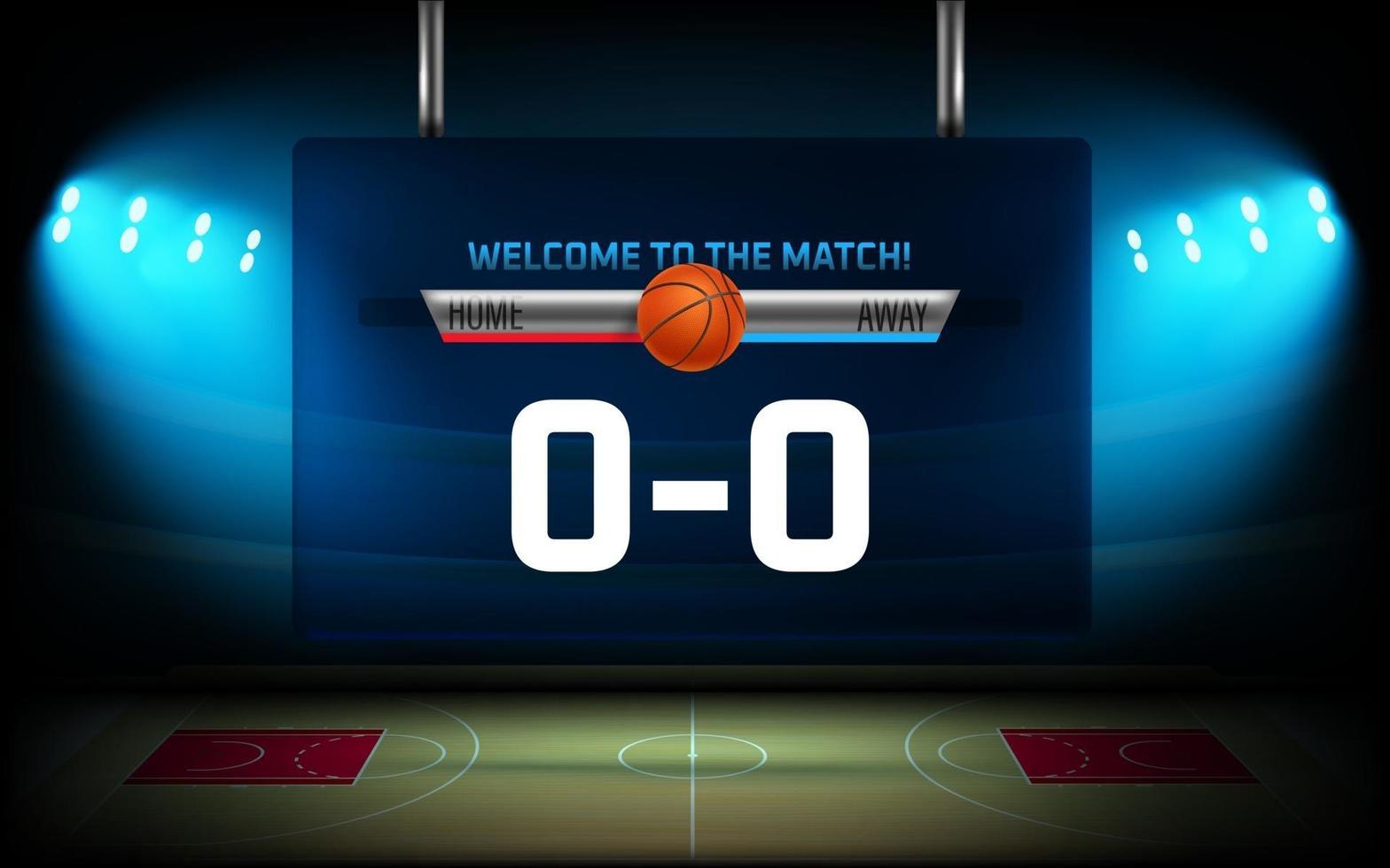 Begin of basketball match graphic elements. Illuminated basketball arena with scoreboard vector