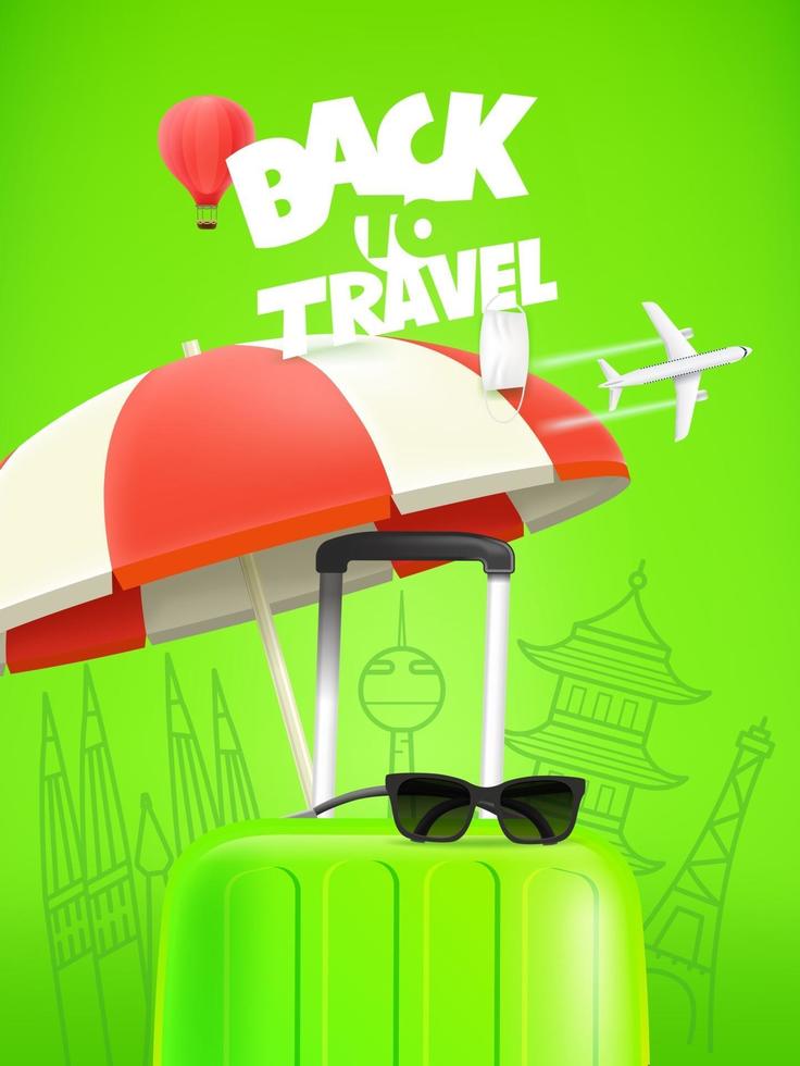 Green travel bag with beach umbrella, sunglasses and world sights. Back to travel concept vector