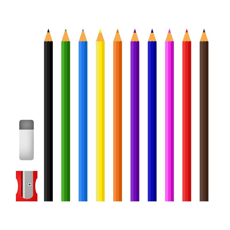 Colored pencils with sharpener and eraser on white background vector