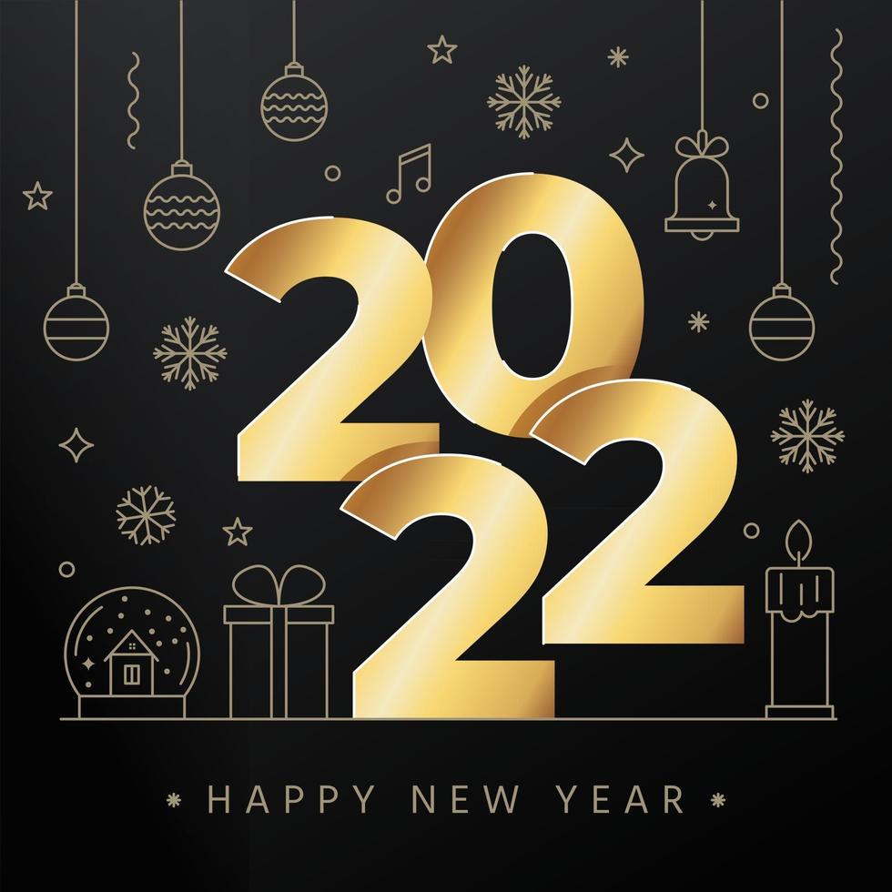 Ilustración vectorial del concepto de año nuevo con grandes letras doradas 2022 e iconos de Navidad de línea vector