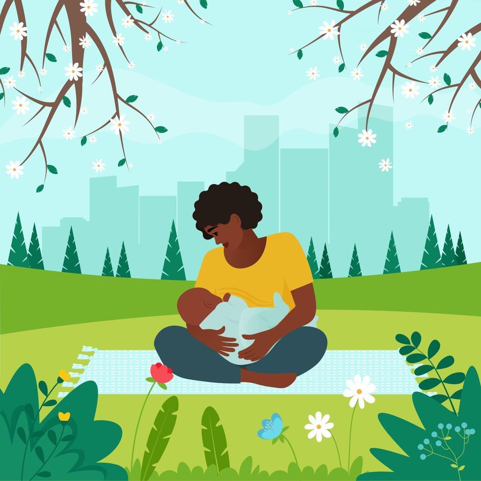 Mother feeding a baby with breast at the park on city spring landscape vector