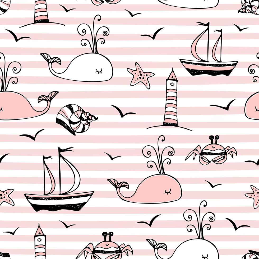 Seamless pattern on a marine theme striped background pink. Vector