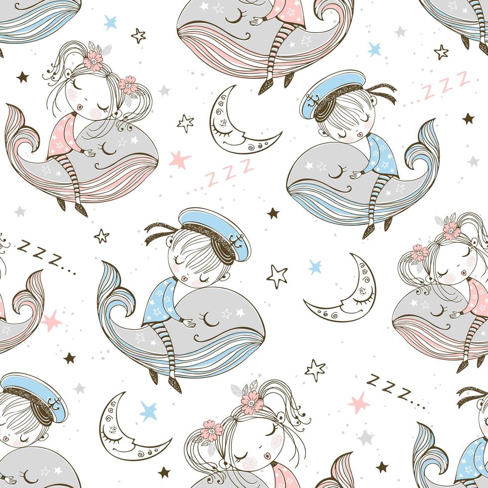 Seamless pattern with cute kids sleeping on whales vector