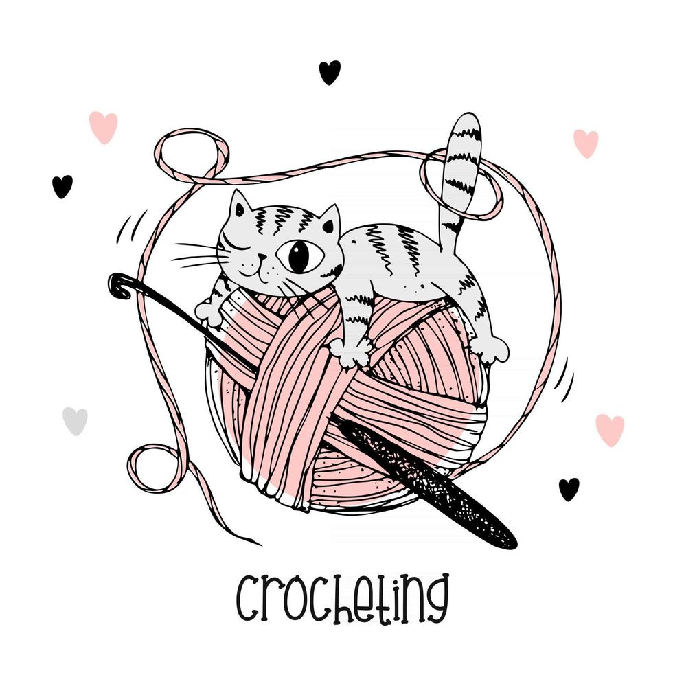 A cat on a ball of yarn. Crochet logo. Vector. vector