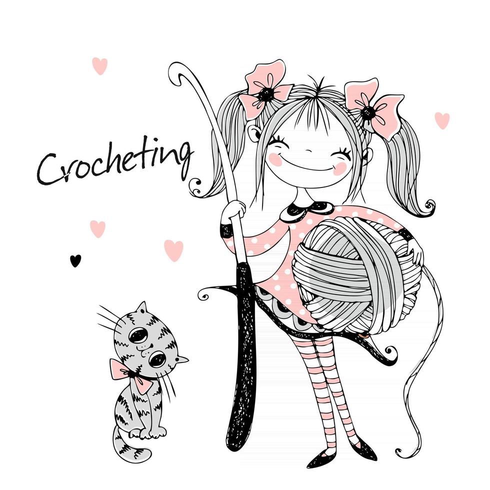 Cute needlewoman girl with a crochet hook in her hands. Vector. vector