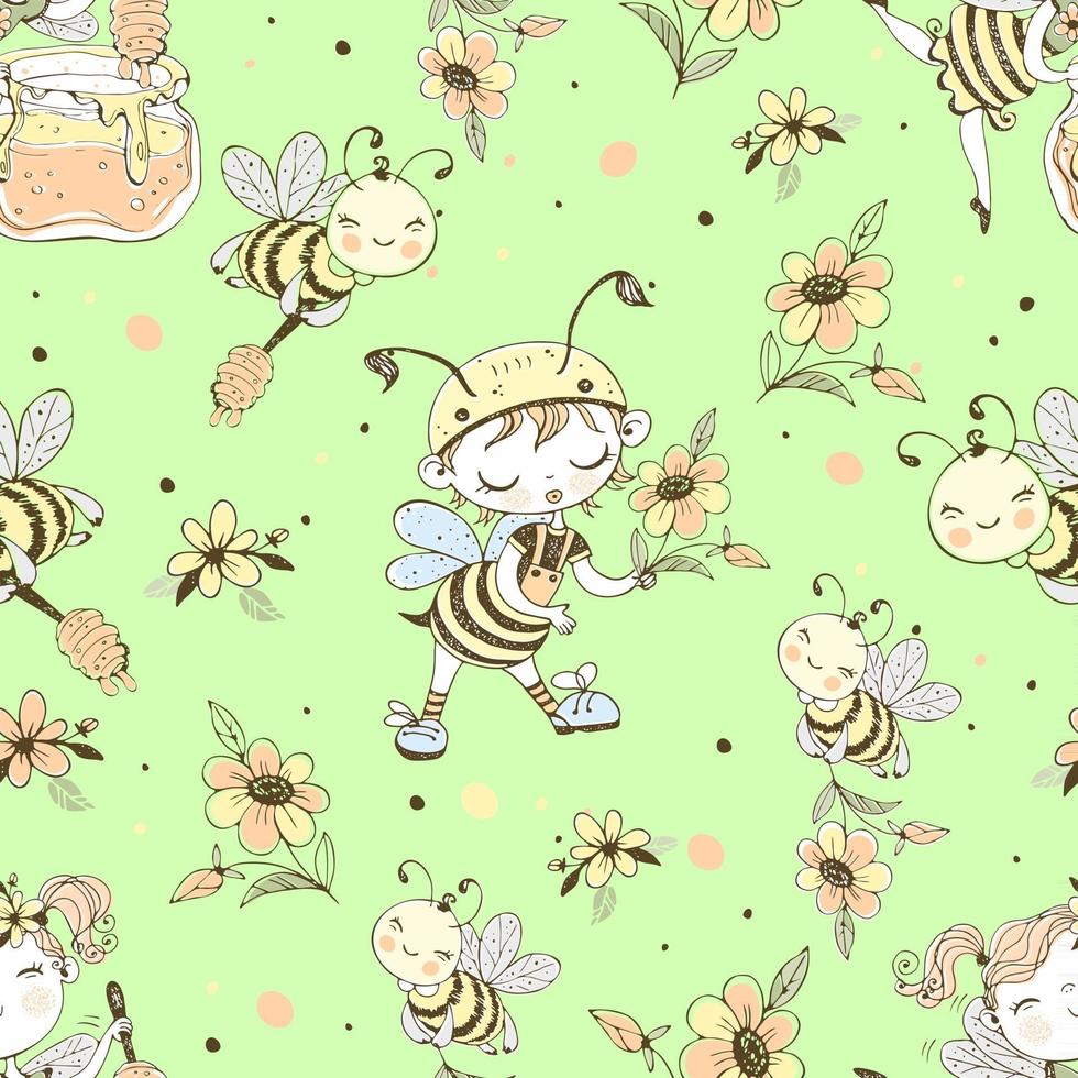 Seamless pattern with cute honeybees. Vector. vector