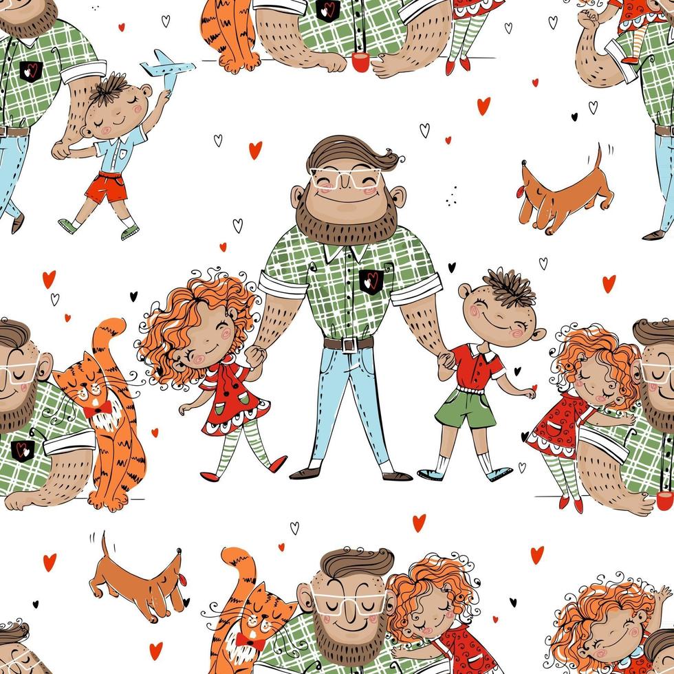 Seamless pattern with dad and kids. Father's Day. Vector. vector