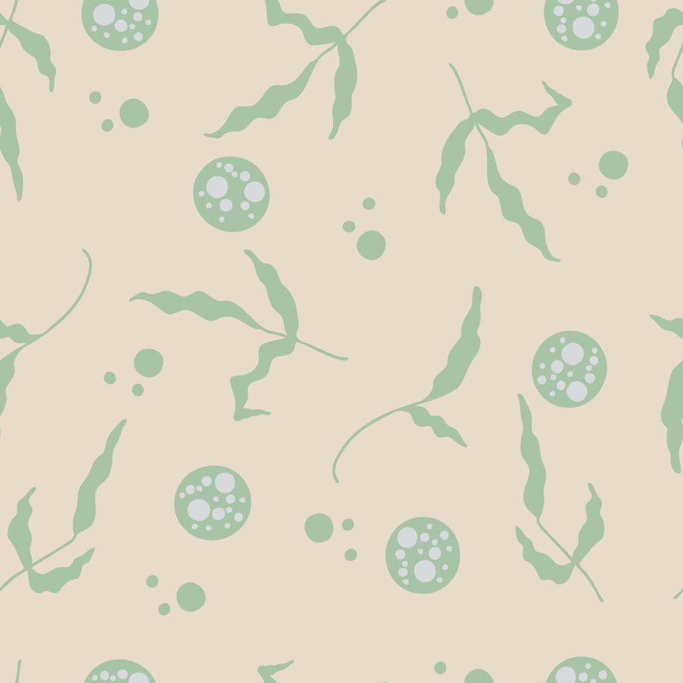 Hand drawn vector seamless pattern of marine seaweed and bubbles