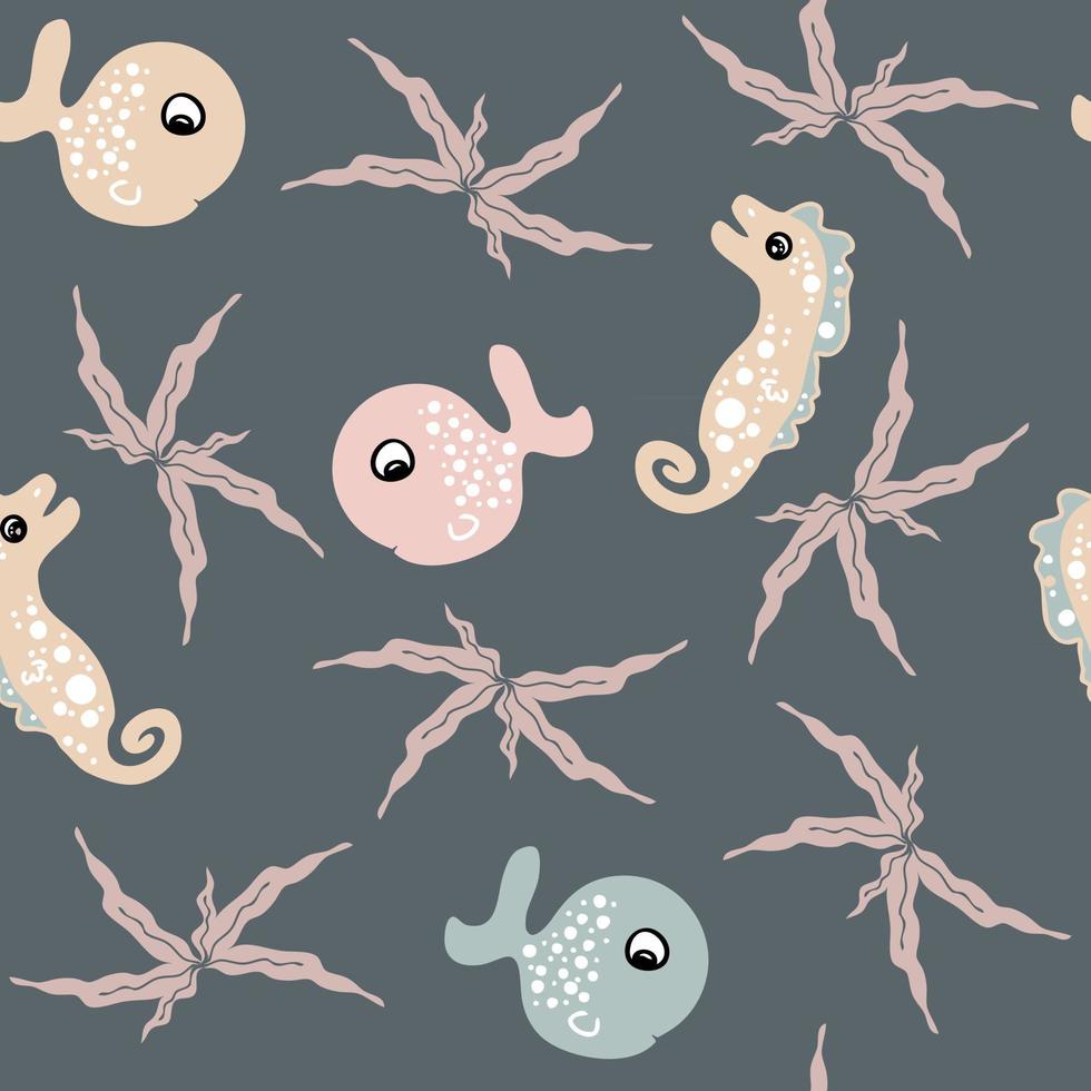 Cartoon style doodle seamless pattern of fish and seahorses vector