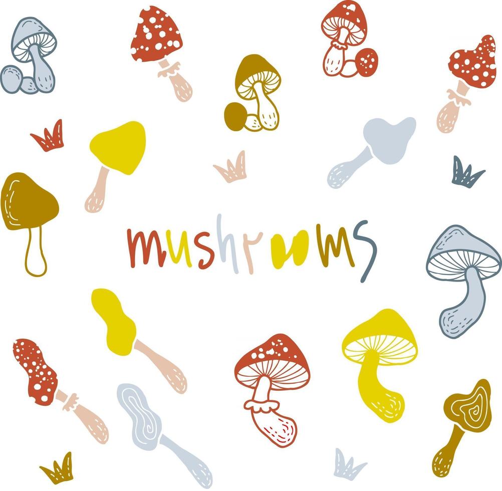 Drawing cute multicolored mushrooms and an inscription vector