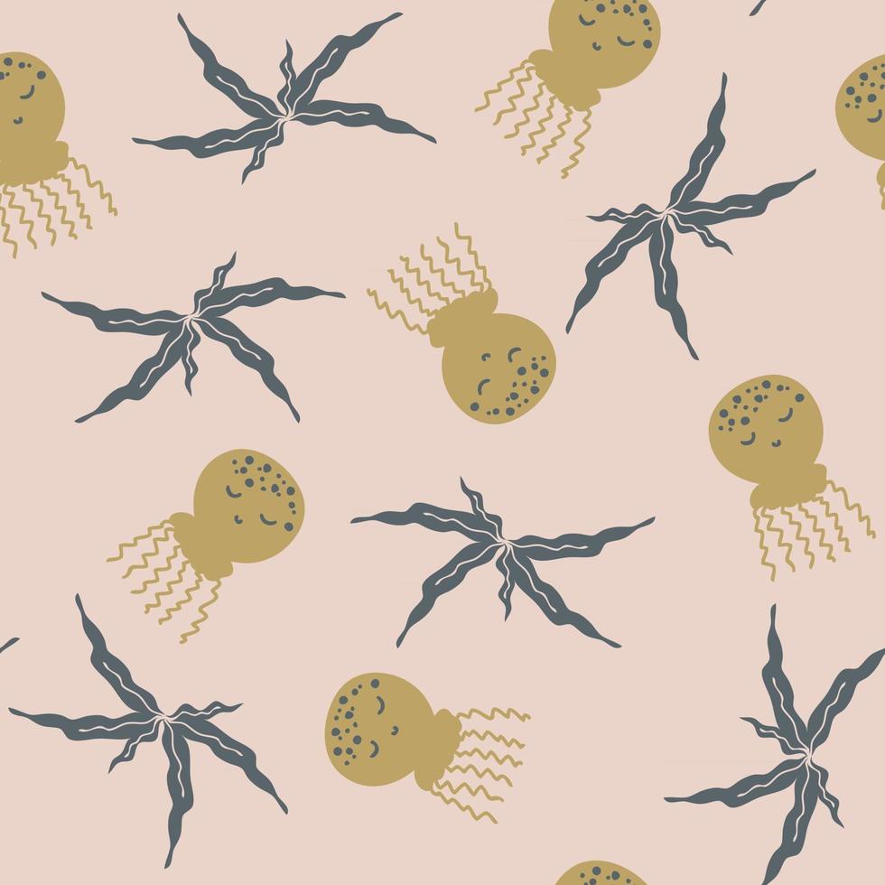 Cartoon style doodle seamless pattern of cute jellyfish and seaweed vector