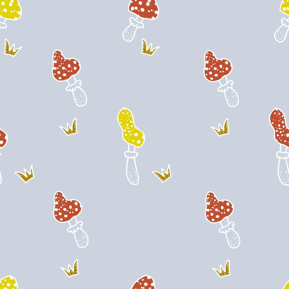 Cartoon style doodle seamless pattern of red and yellow mushrooms toadstools and grass vector