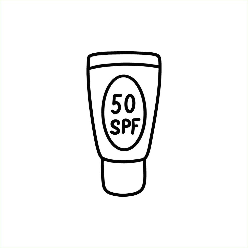 Sunscreen in a tube. Packaging of sunscreen. Suntan product with SPF. Vector illustration in doodle style