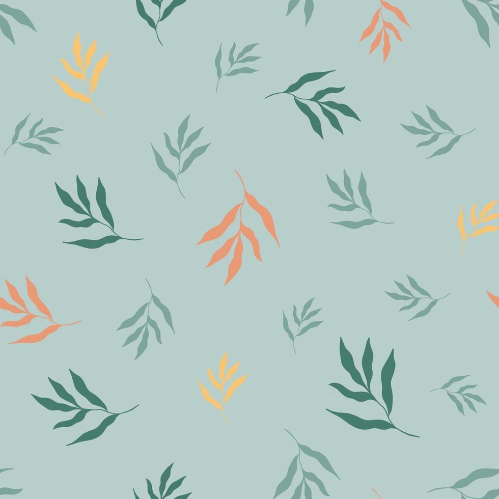 Vector illustration of colorful leaves of tropical plants forming seamless pattern on light blue background