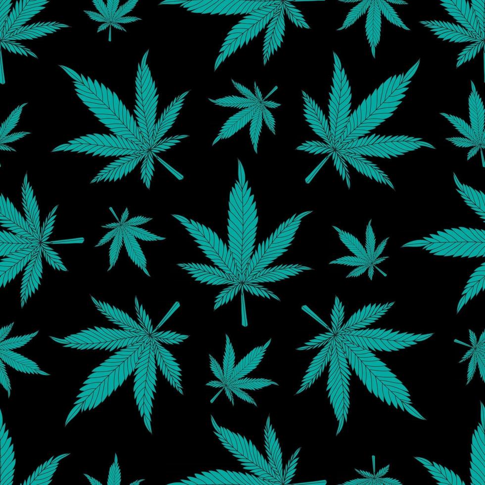 patrón sin fisuras de cannabis. hojas de cáñamo verde sobre un fondo negro. Ilustración de vector de patrón de marihuana