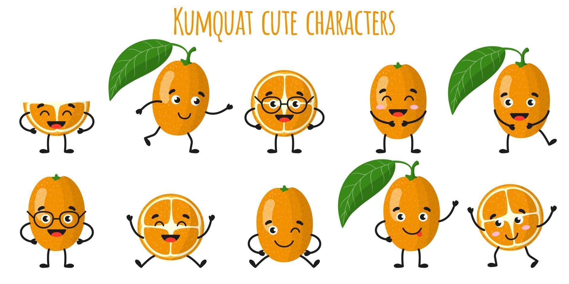 kumquat cítricos lindos personajes alegres divertidos con diferentes poses y emociones. vector