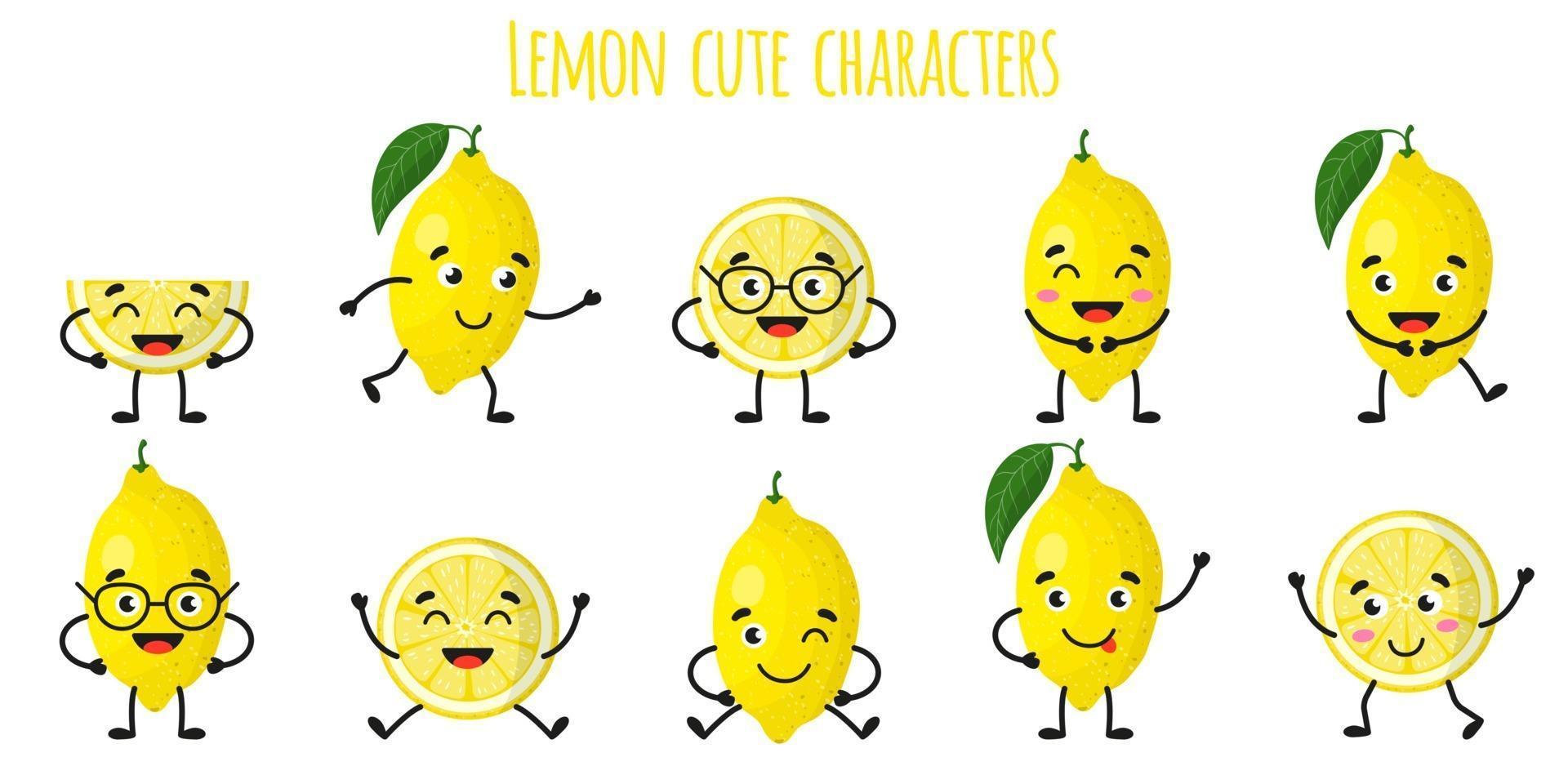 Lemon citrus fruit cute funny cheerful characters with different poses and emotions. vector