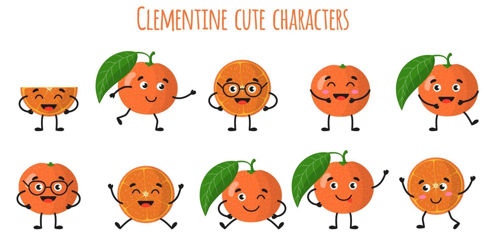 Clementine citrus fruit cute funny cheerful characters with different poses and emotions. vector
