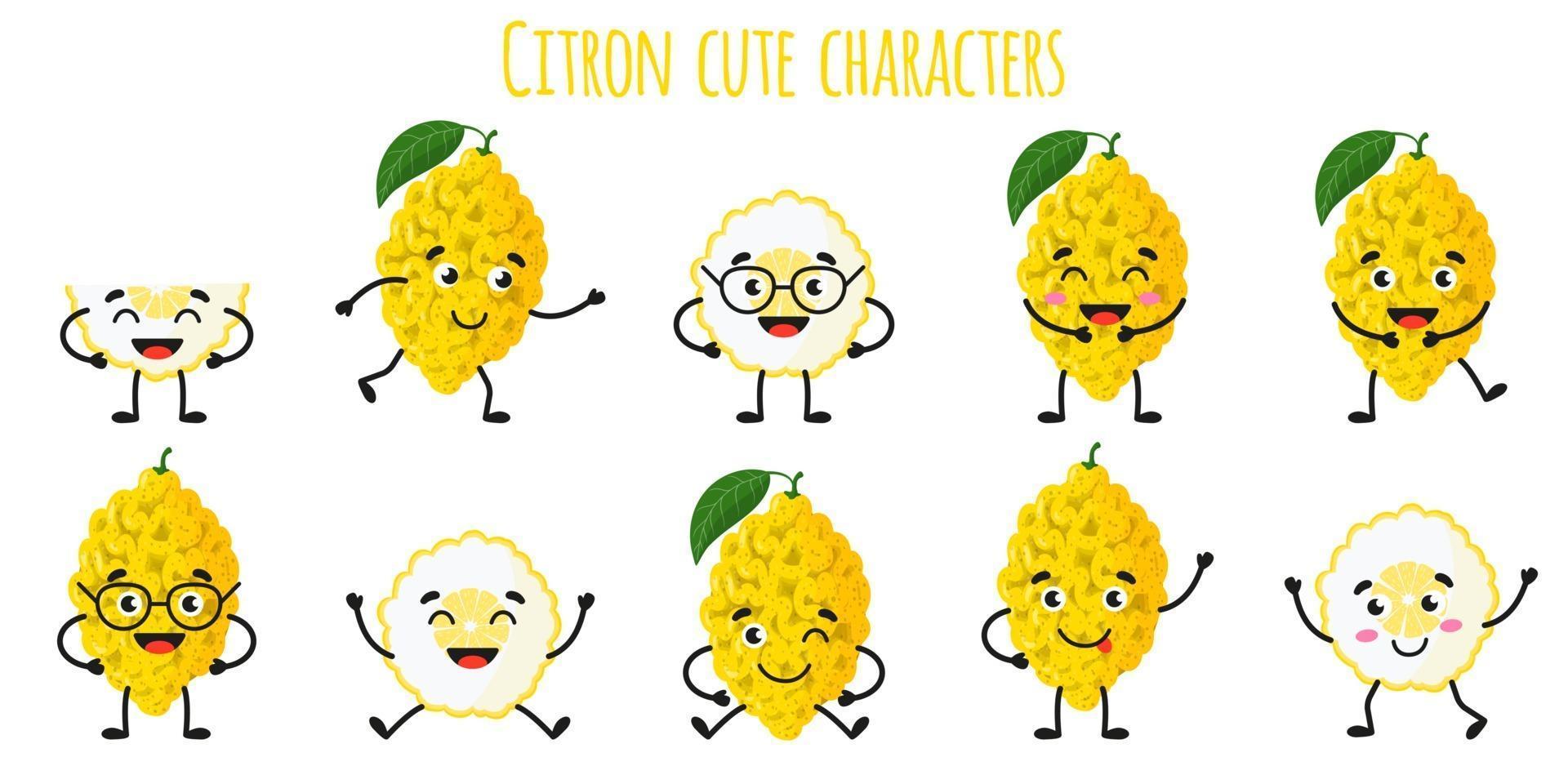 citron frutas cítricas lindos personajes alegres divertidos con diferentes poses y emociones. vector