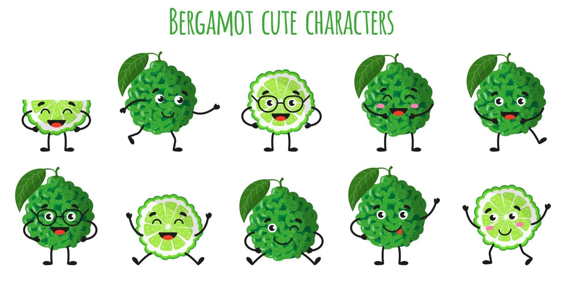 Bergamot citrus fruit cute funny cheerful characters with different poses and emotions. vector