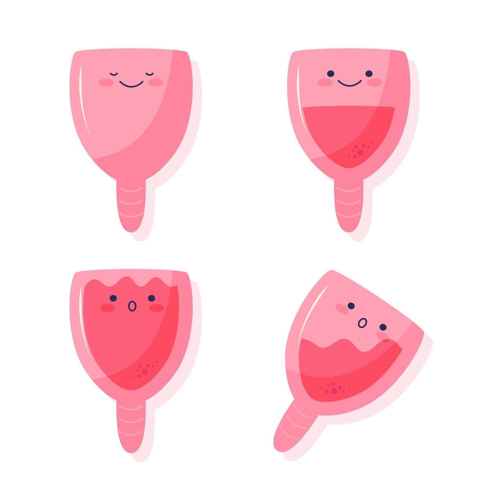 conjunto de personajes lindos de la copa menstrual. diferentes tipos de vasos de silicona, vacíos y llenos. higiene femenina, medicina, menstruación, concepto de desperdicio cero. ilustración de dibujos animados plano de vector