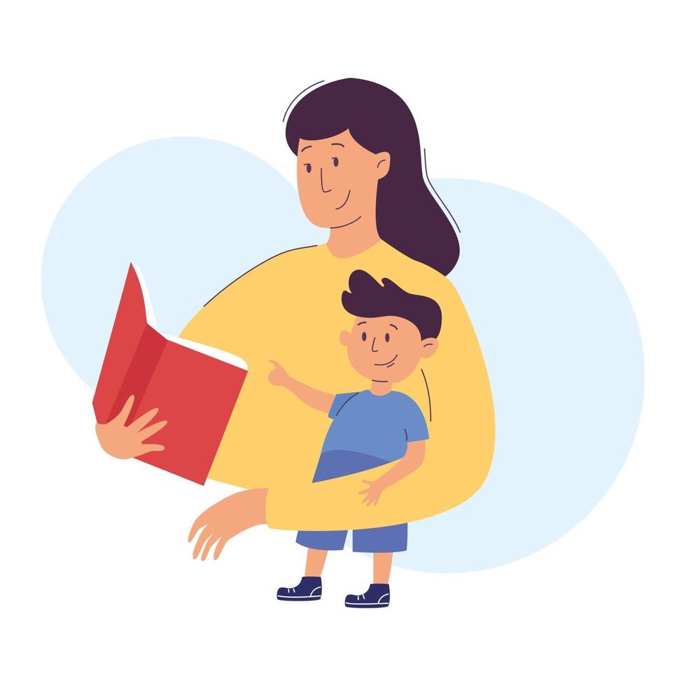 Mother reads a book to her boy child. Mom and son reading or studying  together. Home education, parenting concept. Vector illustration.
