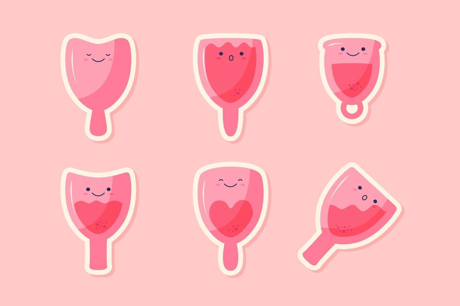 Set of cute menstrual cup characters. Different kinds of silicone cups, empty and full. Feminine hygiene, medicine, menstruation, zero waste concept. Vector flat cartoon illustration