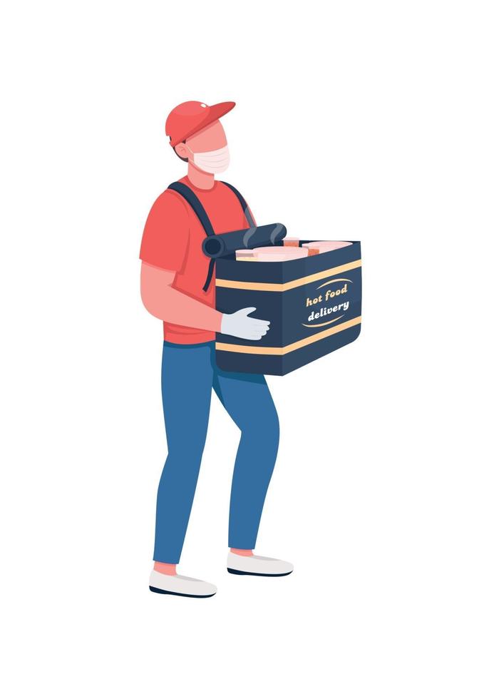 Food delivery carrier in mask flat color vector faceless character