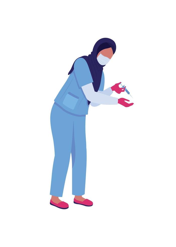 Arab female doctor injecting vaccine with syringe flat color vector faceless character