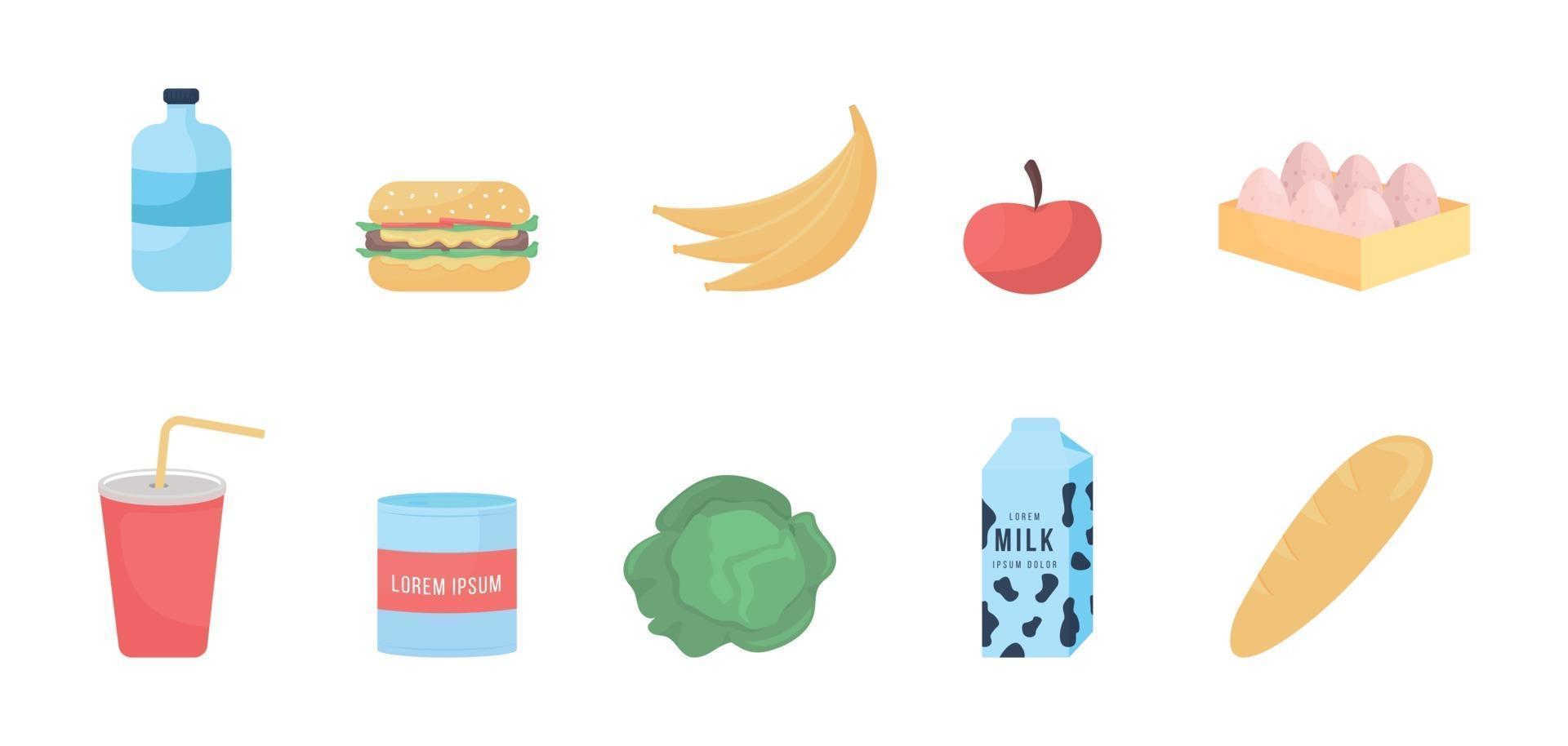 conjunto de objetos vectoriales de color plano de alimentos comestibles vector